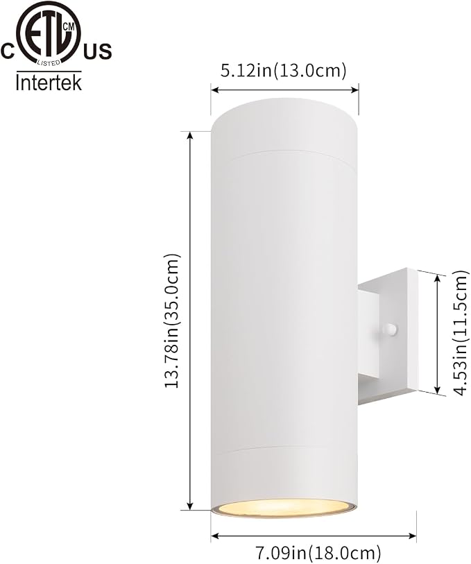 mirrea 14" Modern Outdoor Porch Light in 2 Lights, Matte White, 2 Pack | Aluminum cylinder exterior fixtures, tempered glass cover, waterproof wall sconce & patio light for outdoor use.