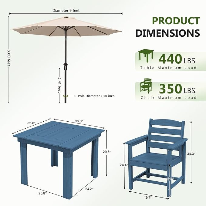 KINGYES 8-Piece HDPE Outdoor Dining Set for 6, Square Patio Table & Armchairs with Umbrella Hole, All-Weather Patio Dining Set for Backyard, Garden, Lawn & Poolside, Blue