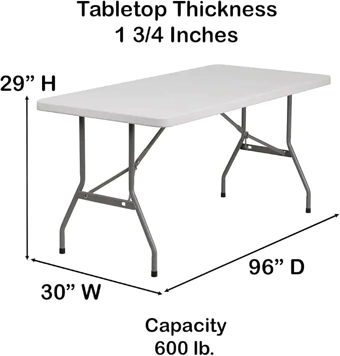 30" W x 96" D x 29" H Plastic Folding Utility Heavy Duty Table | Indoor Outdoor Dining Kitchen Wedding Market Events Camping BBQ
