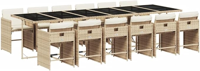 13-Piece Outdoor Patio Dining Set with Cream Cushions Beige PE Rattan Furniture Table and 12 Chairs for Backyard Garden Balcony