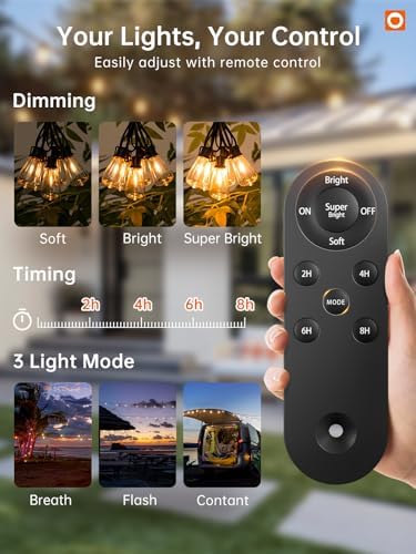 addlon 35FT Solar String Lights Outdoor, IP54 Waterproof Solar Powered with Remote & USB Port, 10+1 LED Shatterproof Bulbs, Dimmable Solar Light Outdoor for Camping Backyard Bistro Porch (Pack of 2)