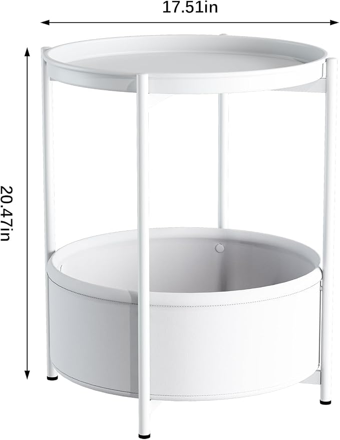 Garden 4 you Side Table with Fabric Storage Basket, Round Metal End Table, Small Bedside Table Nightstand with Removable Tray, for Nursery, Living Room, Bedroom, Bathroom, White