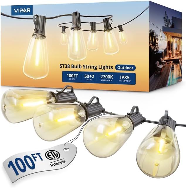 VIPAR Outdoor String Lights,100FT LED Patio Lights Waterproof 52 ST38 Bulbs | Shatterproof,Edison Outside Lights,Plug-In,2700K Dimmable, Connectable, Hanging Light for Porch Garden Backyard Deck Balcony