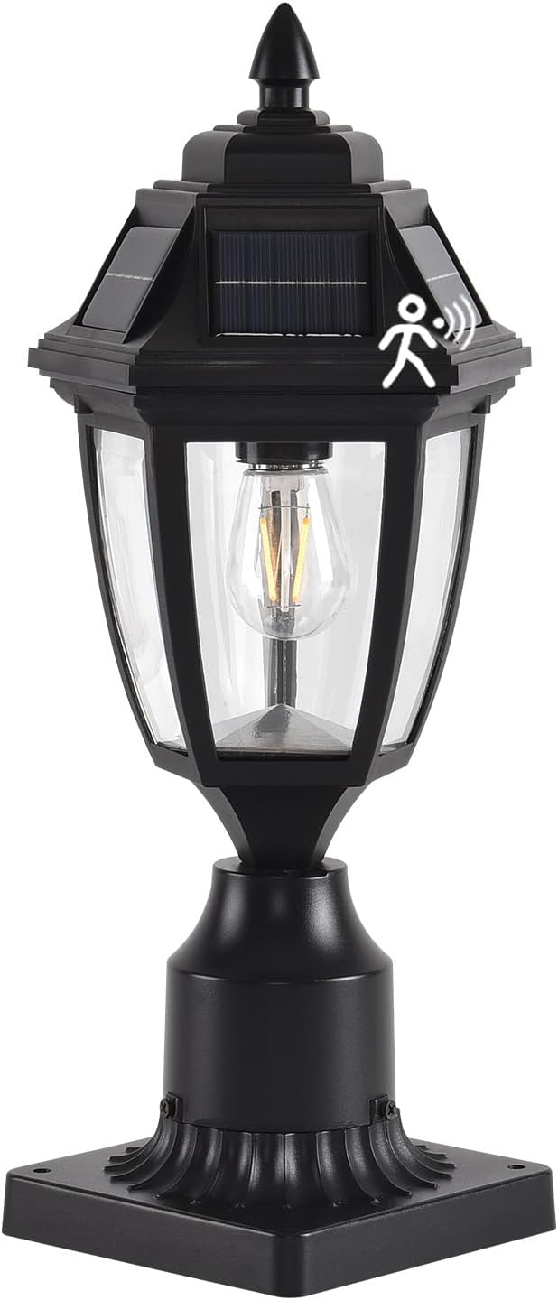 Solar Outdoor Post Lights 1 Pack, Dusk to Dawn Column light with Base | Dusk to Dawn Outdoor Post Light Fixtures, Black Exterior Solar powered Pole Light for Outside Porch Yard Pathway Driveway