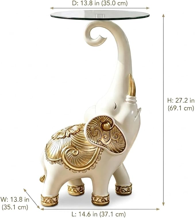 Elephant Side Table with Glass Top, White and Gold, 27.2 Inch