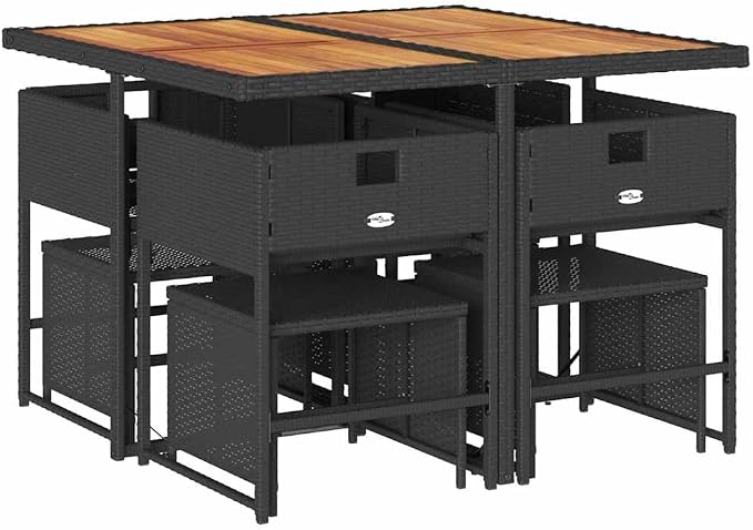9-Piece Wicker Patio Dining Set with Acacia Wood, Black & Cream | Includes one dining table and eight cushioned chairs, ideal for backyard, deck, or terrace family gatherings.