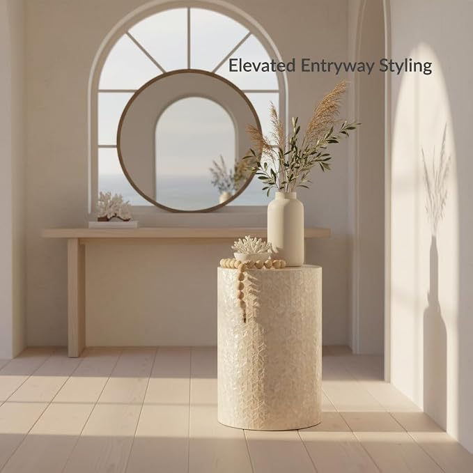 PEMAR Capiz Shell Cylinder Drum End Table Nacre Side Table Stool Round Drum Accent Coffee Bedside Nightstand and Vanity Stool, 13" Diameter x 19.3" High, White Cream