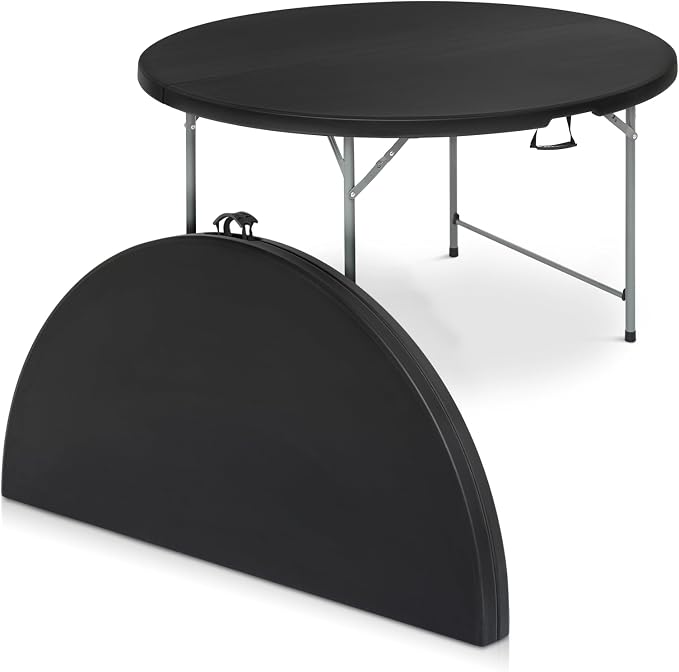 Athena Collection 4ft Folding Table, Indoor Outdoor Foldable Round Card Portable Plastic Craft Table with Lock & Handle, Collapsible Dining Desk for Commercial Party Camping, Black