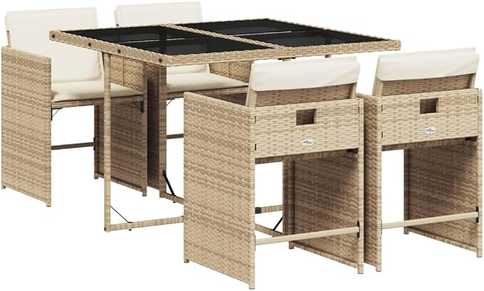 5 Piece Patio Dining Set with Cushions Beige Poly Rattan Outdoor Table and 4 Folding Chairs Tempered Glass Top for Garden Backyard Deck Dining Relaxing UV Proof
