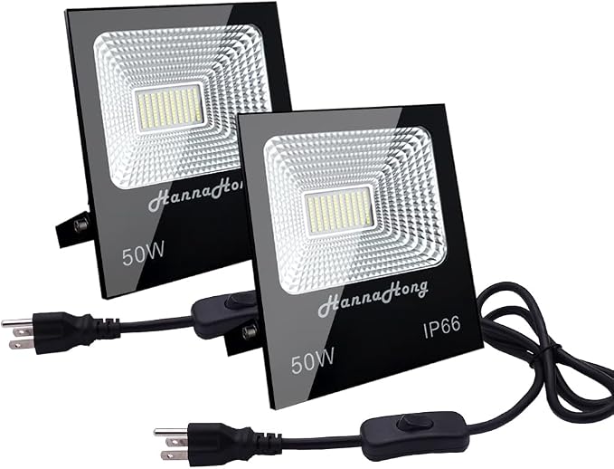 50W 120V LED Flood Light Plug in,Super Bright Security/Work/Plant Grow Light,IP66 Waterproof Outdoor,Daylight White Reflector Spotlight,Porch,Garage,Patio,Yard,Garden 2 Pack