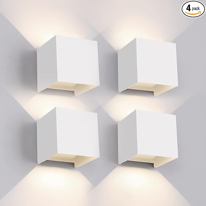 Mille Lucciole 12W 4Pack Outdoor Wall Lights Exterior/Interior,LED White Outdoor Wall Sconces Light Fixtures Modern,IP65 Waterproof Square Aluminum Wall Lamps, Up and Down Lights 4500K Natural Lights