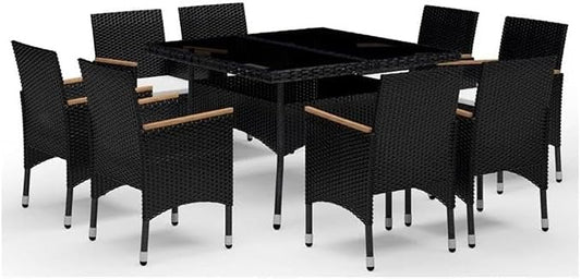 Afuera Living 9-Piece Outdoor Dining Set, Black Poly Rattan and Acacia Wood, Weather-Resistant, Removable Cushion Covers, Modern Style Patio Furniture for Garden or Deck Seating
