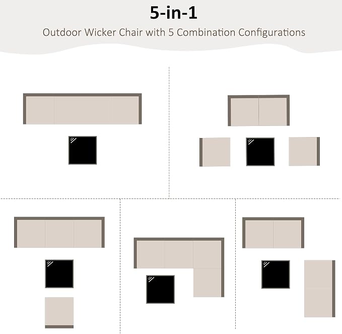 ANJ 5 Piece Outdoor Wicker Patio Furniture Set, Modular Loveseat Sofa with with Glass Top Coffee Table, All-Weather Rattan Conversation Couch Set for Balcony, Backyard, Dark Brown Wicker-Blue