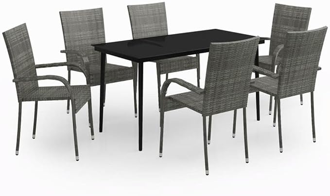 Afuera Living 7-Piece Outdoor Garden Dining Set, Gray and Black PE Rattan, Powder-Coated Steel, Rectangular Table with 6 Chairs, Weather-Resistant, Modern Patio Furniture for Terrace or Balcony