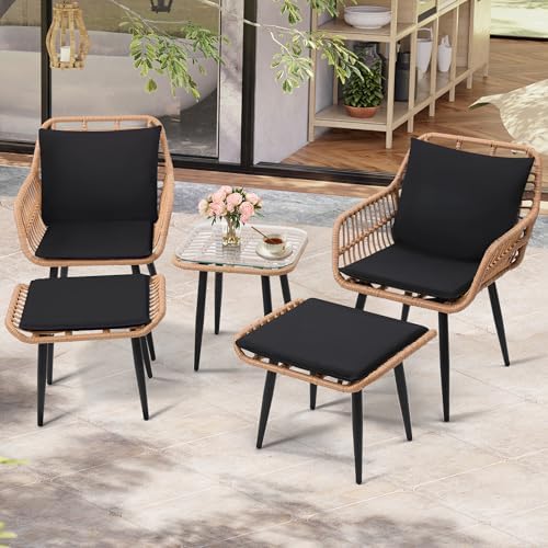 5-Piece Wicker Patio Furniture Set - 2 Chairs, 2 Ottomans & Side Table - Stylish Outdoor Conversation Set for Porch, Balcony, Deck & Backyard - Natural Finish