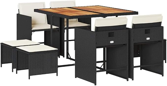 9 Piece Garden Dining Set, Outdoor Patio Furniture Set with 1 Table, 4 Chairs and 4 Stools, PE Rattan Dining Table Set for Backyard Deck and Terrace, Black