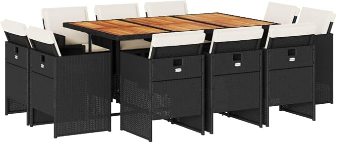 11-Piece Outdoor Patio Dining Set with Cushions Black PE Rattan Furniture, Acacia Wood Table & Foldable Chairs for Garden Backyard Balcony Porch