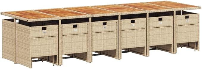 16-Piece Outdoor Dining Set, PE Rattan Patio Furniture with Acacia Wood Table, 12 Foldable Chairs and 12 Stools for Backyard, Garden, and Terrace
