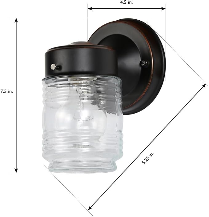 Design House 505198 Jelly Jar Classic 1-Light Indoor/Outdoor Wall Light with Clear Ribbed Glass for Entryway Porch Patio, Oil Rubbed Bronze | Wall Mount, Traditional, Steel, Lighting, 505198