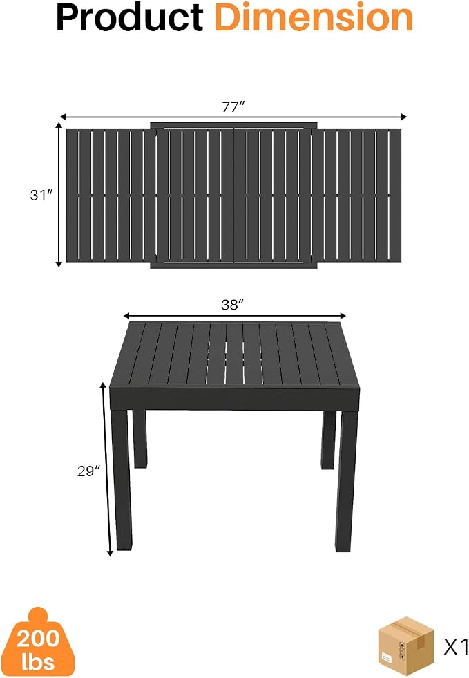 Patio Aluminum Extendable Dining Table, Never-Rust Expandable Outdoor Dining Table for 4-8 Person, 38"-77" Expandable Patio Table Rectangle Patio Dining Table for Porch, Deck, Garden, Black