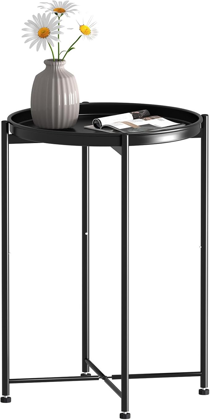 Garden 4 you Small Side Table, Mini Round End Table, Tray Table with Metal Frame, Modern Nightstand for Living Room, Bedroom, Patio, Small Space, Black
