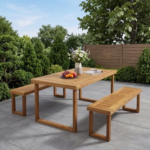 69'' Outdoor Patio Dining Table & 2 Bench for 4, Acacia Wood Dining Table Set Outdoor & Indoor Furniture for Patio Porch Garden, 3-Pcs, Sandblast Natural Finish