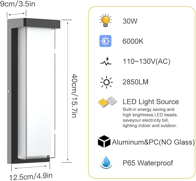 Outdoor Wall Sconce Light Fixture,16in Dimmable Modern Porch Wall Light,6000K Black Exterior Sconce Light Mounted for House Garage Porch Courtyard(1Pack)