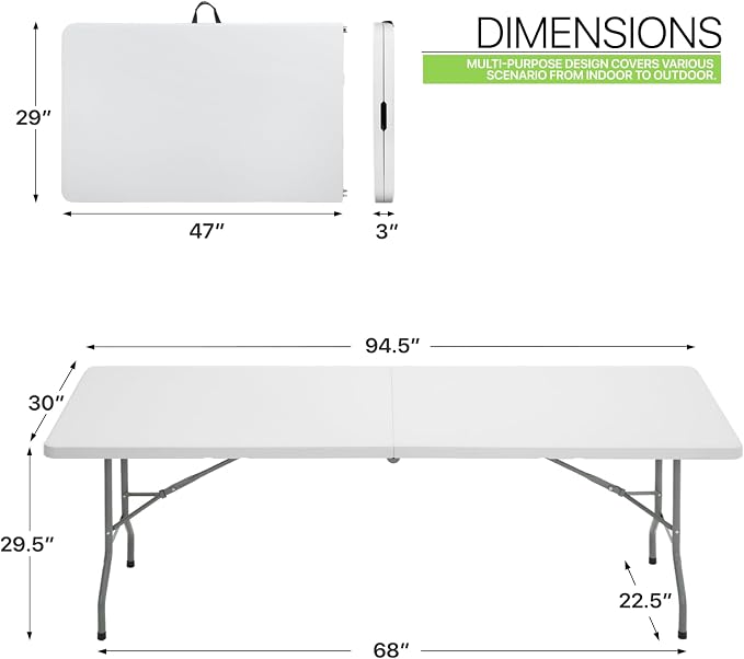 Magshion 8ft Plastic Folding Table with Handle for Indoor Outdoor, 8 Foot Utility Commercial Craft Foldable Table for Party Events, White