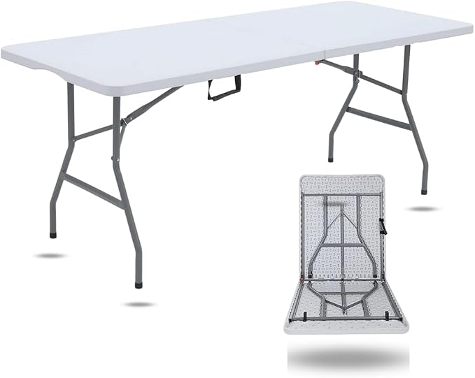 6ft Foldable Heavy Duty Plastic Table - Ideal for Indoor & Outdoor Events: Parties, Picnic, Camping, Weddings, Catering, and Garden Dining - Portable Fold-in-Half Utility Table (White)