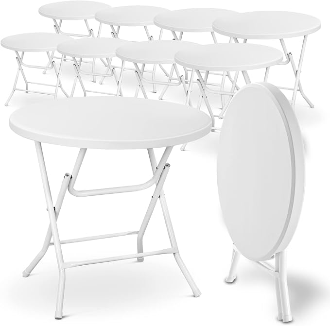 MoNiBloom 2.6Ft Round Folding Table Set of 10, Portable Plastic Commercial Card Dining Table for Banquet Even Indoor Outdoor, White - No Assembly