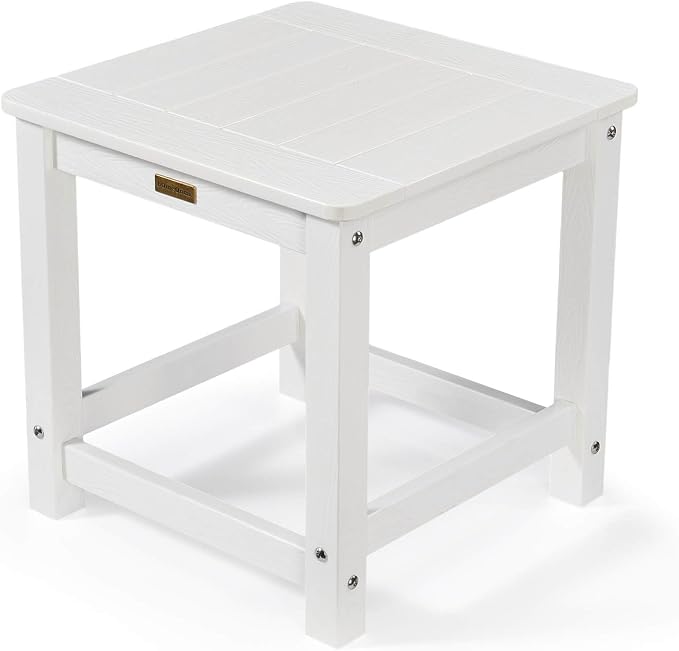 Outdoor Side Table, HIPS Plastic Composite Adirondack Patio Table, Weather Resistant End Tables for Outside, Indoor, Patio, Garden, Pool, Porch, Backyard, Lawn, Deck - White