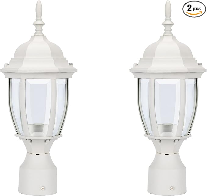 Outdoor Post Light, Rustproof Aluminum Pole Lamp, White | Exterior Lamp Post Light Fixture for Garden, Yard, Pathway, Waterproof, Glass, E26 Base, Max 60W, 2 Pack