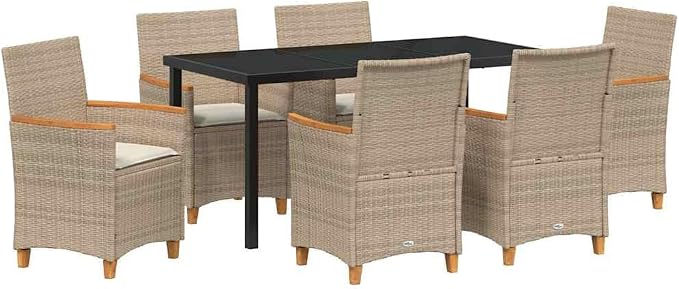 7 Piece Garden Dining Set, Beige Poly Rattan Outdoor Patio Furniture with 6 Cushioned Chairs and Glass Tabletop