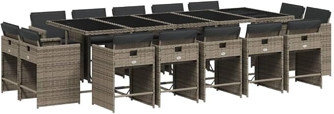 15 Piece Patio Dining Set, Poly Rattan Garden Table and 14 Folding Chairs with Cushions for Outdoor Backyard Deck Furniture, Gray