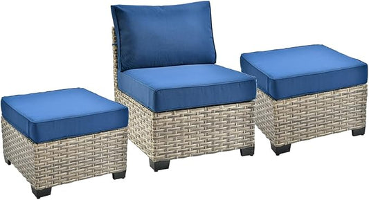 HOOOWOOO Outdoor Sectional Patio Furniture Set,3 Pieces Set with 1 Armless Wicker Chair and 2 Ottomans,Extra Deep Out Door Sofa Outside Furniture,Navy Blue