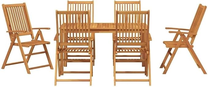 Afuera Living Contemporary 7 Piece Steel Garden Dining Set, Solid Acacia Wood and Brown Finish, Foldable Design, Outdoor Patio or Garden Furniture, Rectangular Dining Table and Chairs for 6