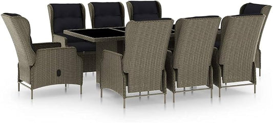9 Piece Patio Dining Set with Cushions Poly Rattan Brown | Powder-coated Steel Frame, Glass Tabletop, Adjustable Backrest, Removable Cushion Covers
