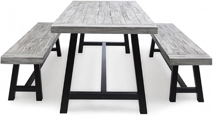 GDFStudio Cassie Outdoor Modern Industrial 3 Piece Acacia Wood Picnic Dining Set with Benches, Sandblasted Light Gray and Black Rustic Metal