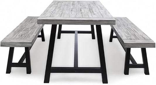 GDFStudio Cassie Outdoor Modern Industrial 3 Piece Acacia Wood Picnic Dining Set with Benches, Sandblasted Light Gray and Black Rustic Metal