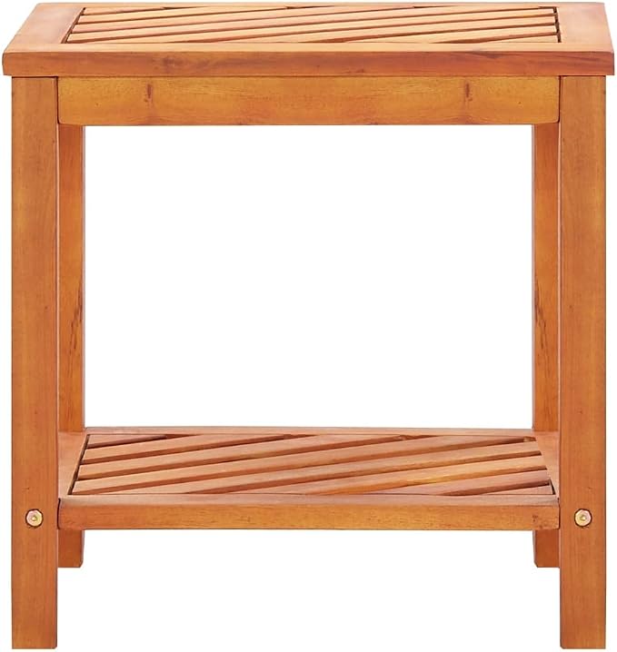 Solid Acacia Wood Side Table 17.7x13x17.7 Inches, Weather Proof Outdoor End Table with Two Shelves, Classic Diagonal Pattern for Indoor or Outdoor Living Space