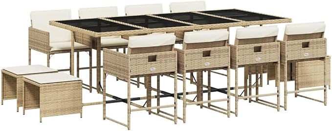 12-Seater Garden Dining Set, Rectangular Outdoor Patio Table with Tempered Glass Top, Foldable Rattan Chairs for Backyard and Balcony, Beige and Black