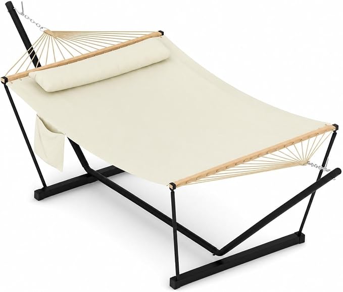 Double Hammock with Stand for Outdoor - Heavy Duty Portable 2 Person Hammock with Adjustable Steel Stand, 450 Lbs Capacity Free-Standing Fabric Hammock Bed with Spreader Bars, Pillow & Side Pocket