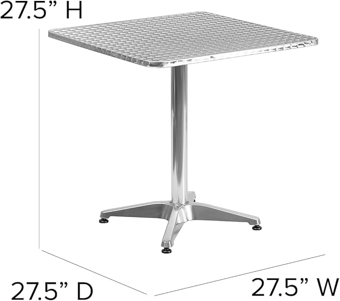 Pemberly Row Square Bistro Table, 27.5 in Aluminum and Stainless Steel, Smooth Designer Tabletop, Lightweight Indoor/Outdoor Patio Dining Table for Commercial or Residential Use