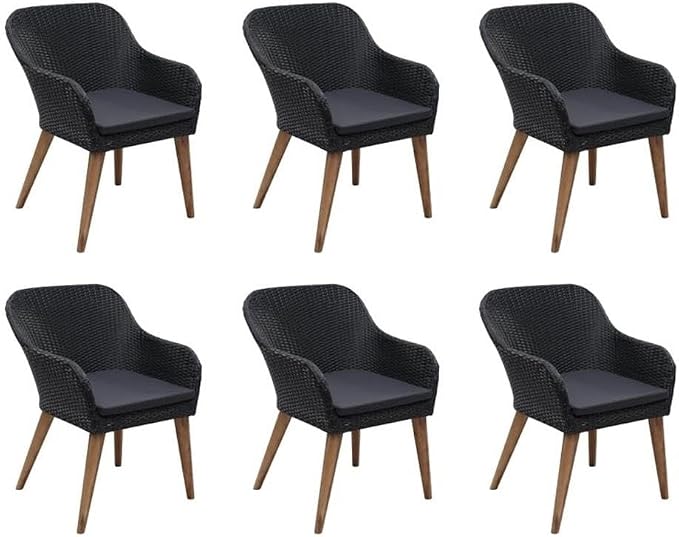 Afuera Living Contemporary Outdoor Dining Set, Black and Dark Gray Finish, PE Rattan with Powder-Coated Steel Frame, 78.7 x 39.4 x 29.1 in Table, Seats 6, Cushioned Chairs, Modern Patio Furniture for