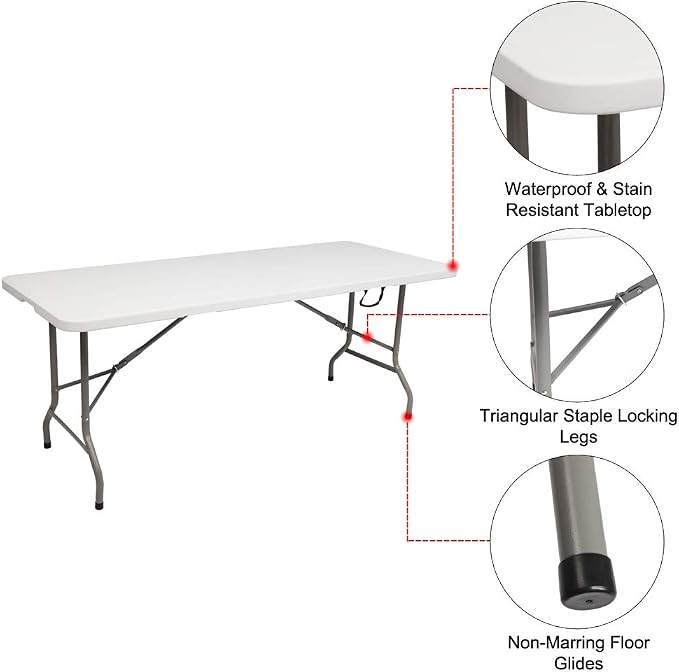 6 Feet Foldable Table with Steel Legs,6FT Heavy Duty Folding Portable Table Perfect for Party, Dining, Wedding, Events, Picnic Indoor, Outdoor, Camping, Utility