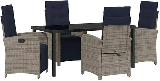 Afuera Living 5 Piece Poly Rattan Garden Dining Set, Gray, Cushioned Seats, Glass-Top Table, Adjustable Backrests, Weather-Resistant, Steel Frame, Modern Outdoor Patio Furniture for Gardens and
