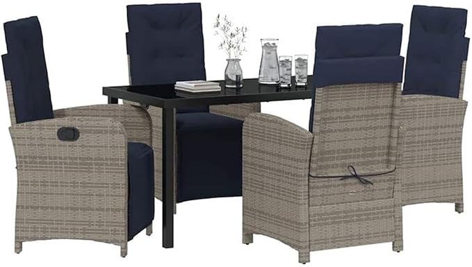 Afuera Living 5 Piece Poly Rattan Garden Dining Set, Gray Finish, Glass-Topped Table, Cushioned Seats, Adjustable Backrests, Steel Frames, Modern Patio Furniture for Outdoor Dining and Relaxation