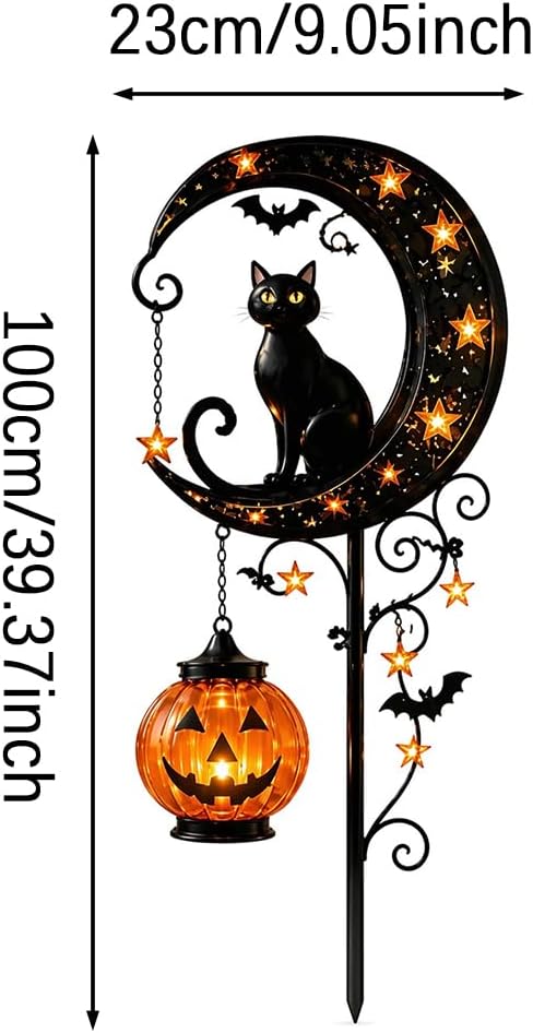 Solar Halloween Black Cat & Pumpkin Moon Garden Stake Light, Outdoor Waterproof LED Yard Decoration with Crescent Moon, Hanging Jack-o'-Lantern Lantern for Garden, Patio, Walkway, Porch(Style B)