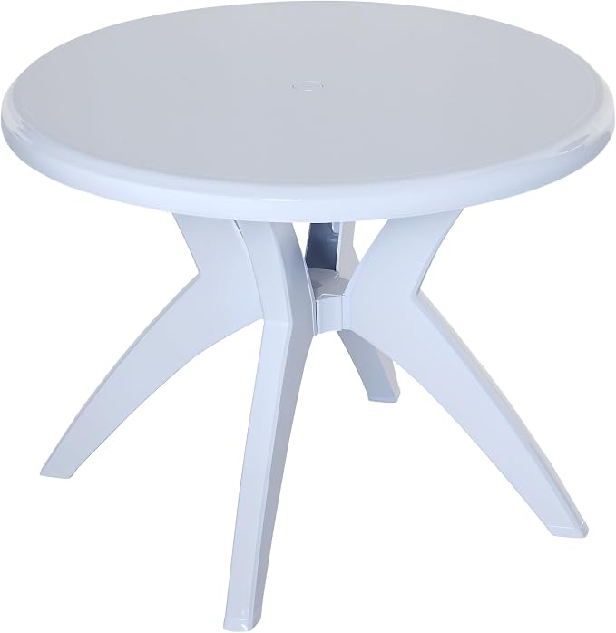 Outsunny 36.25" Dia Round Plastic Patio Table with Umbrella Hole, Outdoor Bistro Dining Table, for Bar, Garden, Backyard, Poolside, Yard, White