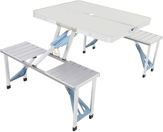 4FT Portable Folding Camping Picnic Table with Seats Chairs and Umbrella Hole, Lightweight Compact Aluminum Outdoor Camping Patio Fold Up Card Suitcase Table with Carry Handle